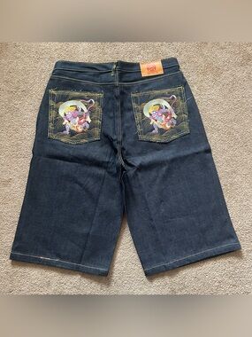 Y2K Red Monkey Company Denim Skater Shorts w/ Pocket Embroidery BNWT Size 38